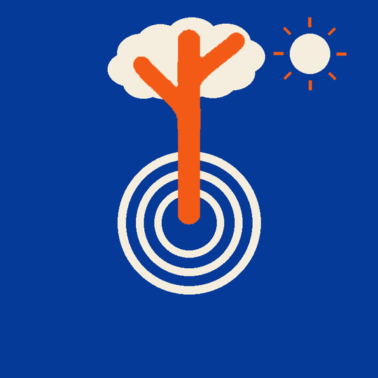 My Tree: white rings at the base, an orange trunk, one canopy around the top, weather to the left and sunlight to the right.