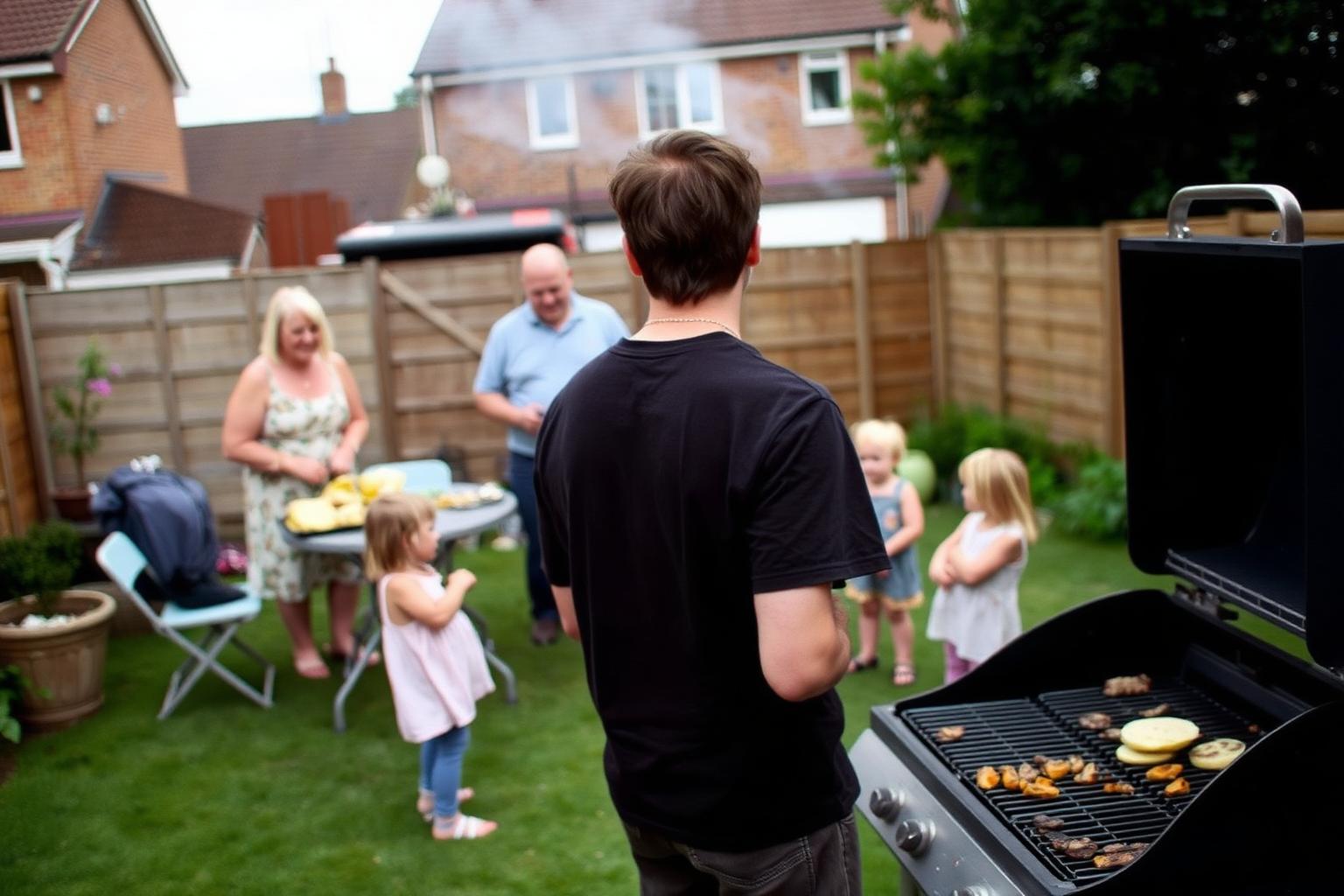A man in his early thirties turned away at a barbecue in an English suburban back garden while family gather behind him