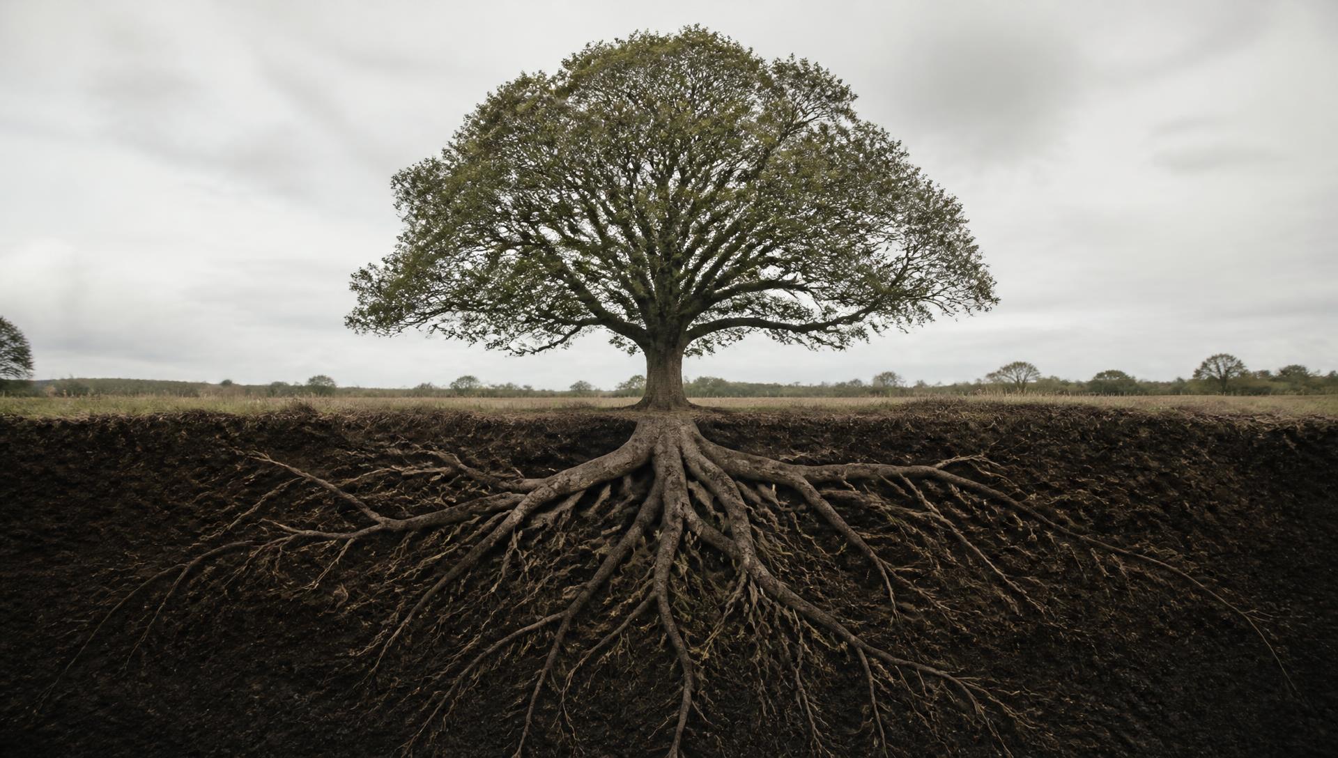 A mature tree in an open field, with its root system visible in the dark soil beneath the ground